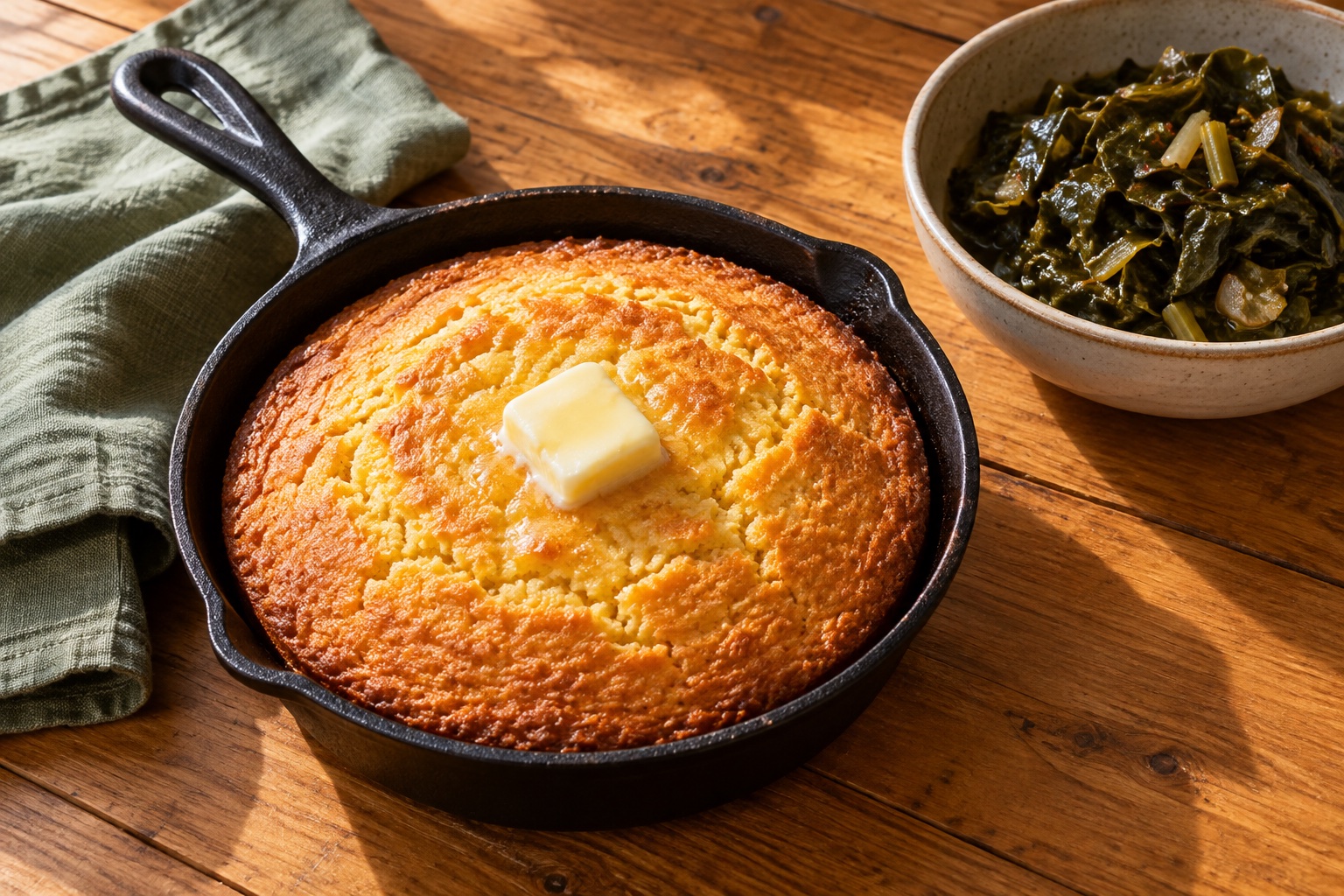 Illustrative Southern cooking still life with cornbread in a skillet and a bowl of greens